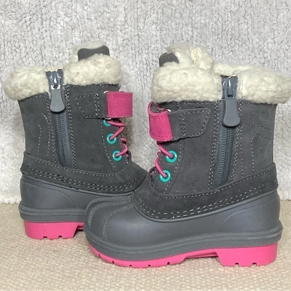 Cat & Jack Kids Black/Pink/Green Leather Journey Winter Snow Boots Size US 5